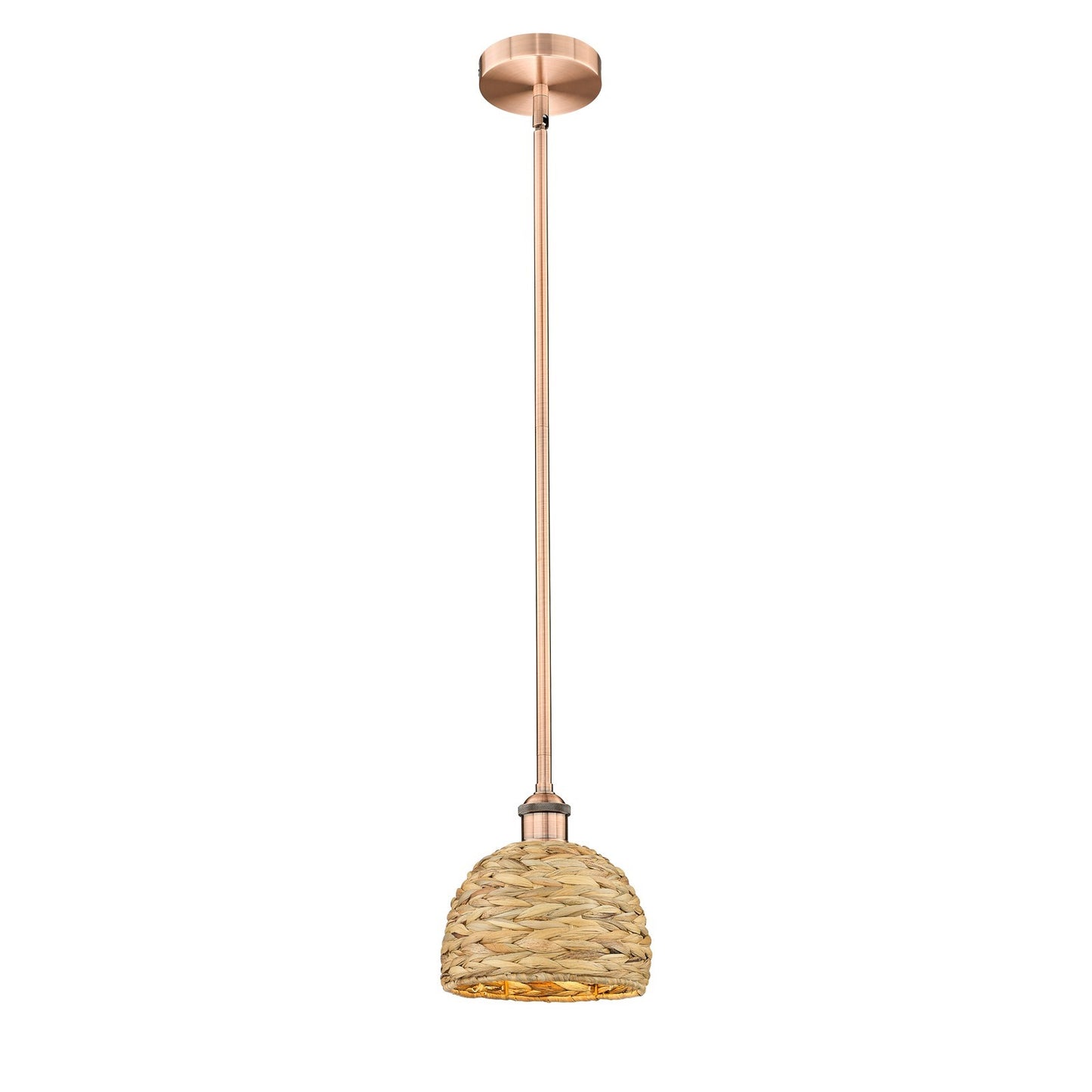 Innovations Woven Rattan 8in 1-Light Mini Pendant | Rustic Antique Copper Steel and Natural Woven Rattan | Kitchen Island & | Model 616-1S-AC-RBD-8-NAT