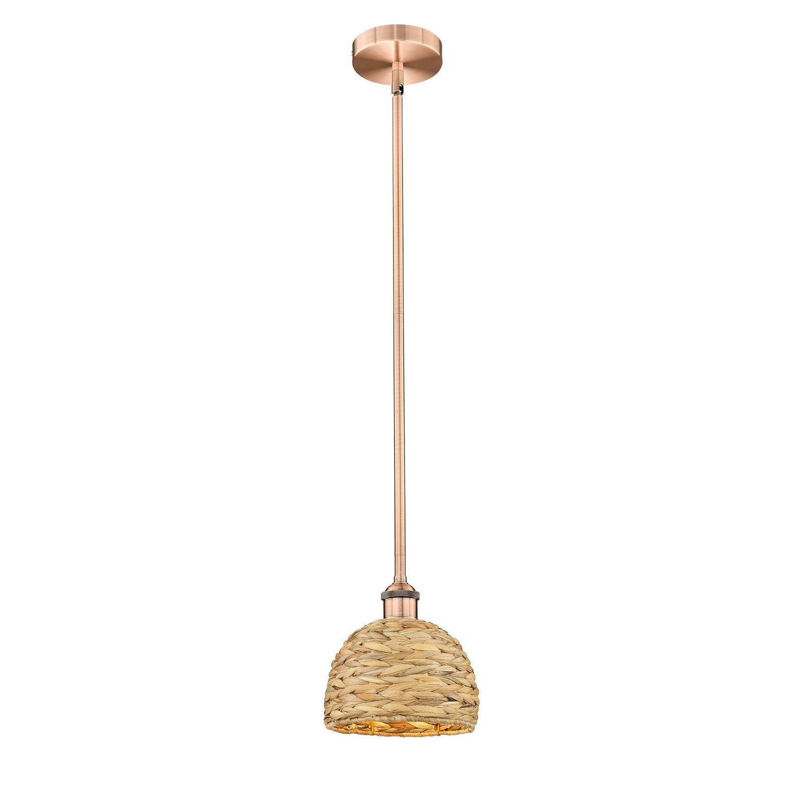 Innovations Woven Rattan 8in 1-Light Mini Pendant | Rustic Antique Copper Steel and Natural Woven Rattan | Kitchen Island & | Model 616-1S-AC-RBD-8-NAT