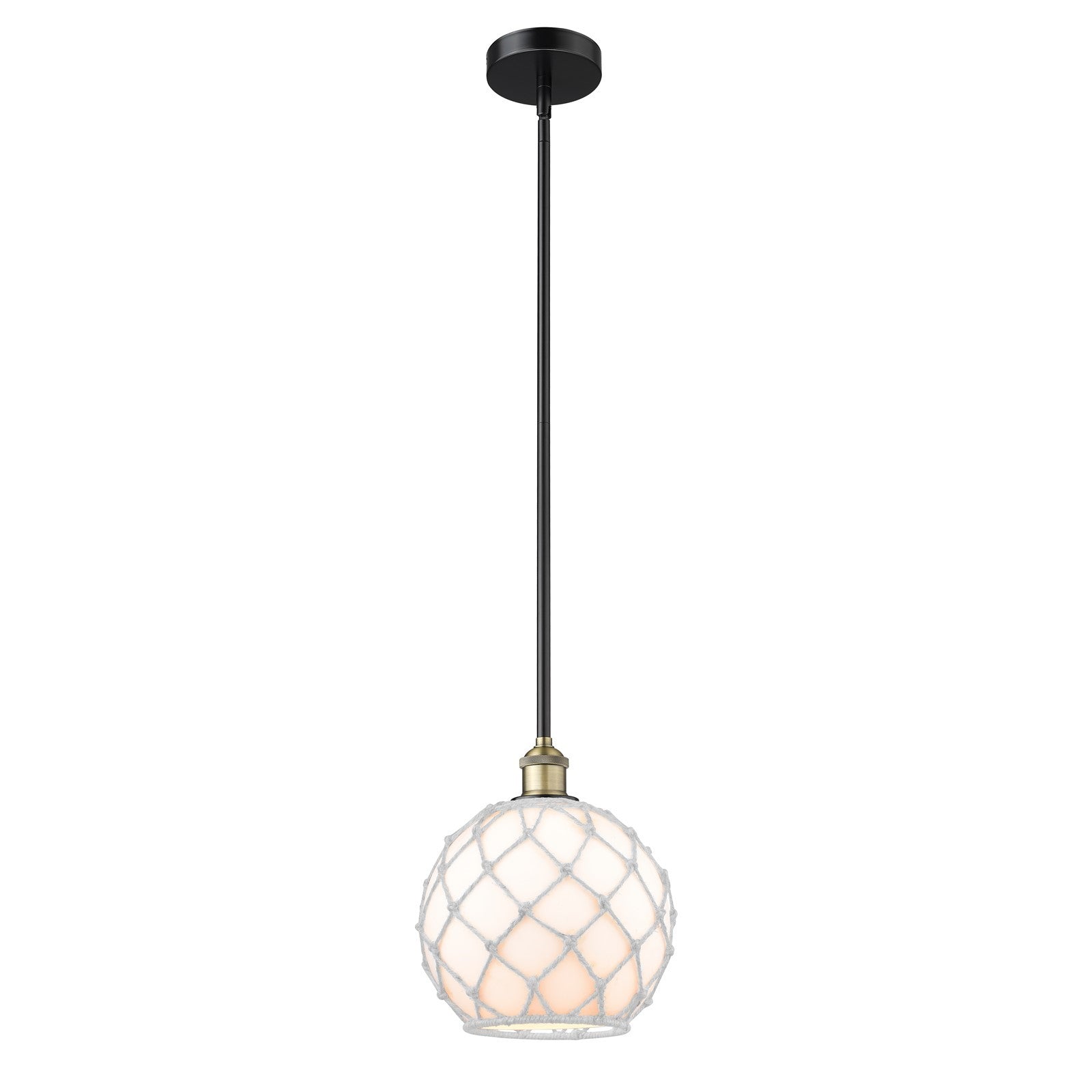 Innovations Farmhouse Rope 10in 1-Light Mini Pendant | Industrial Black Antique Brass Steel and White Glass with White Rope | Model 616-1S-BAB-G121-10RW