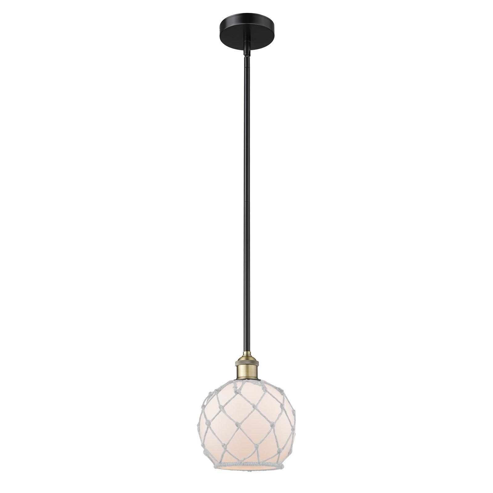 Innovations Farmhouse Rope 8in 1-Light Mini Pendant | Industrial Black Antique Brass and White Frosted Glass Rope Shade | Model 616-1S-BAB-G121-8RW