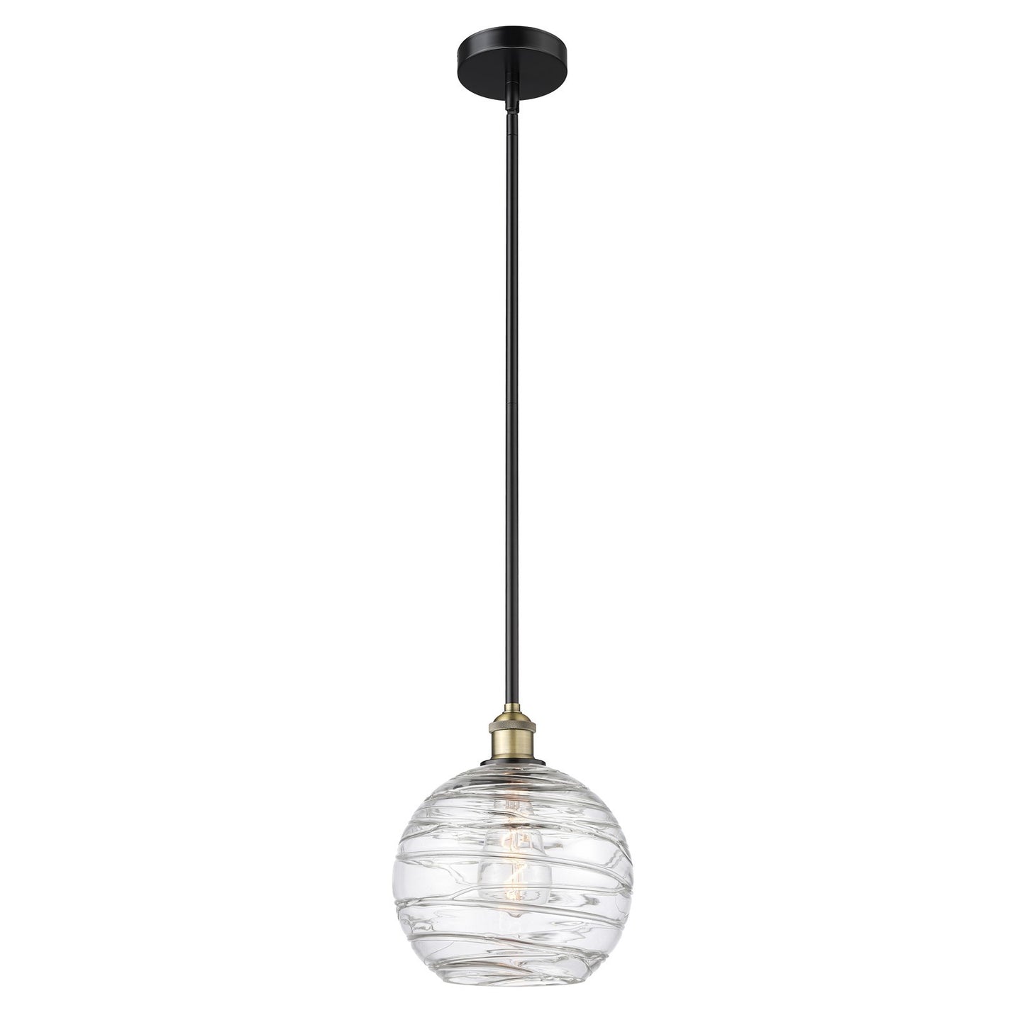 Innovations Athens Deco Swirl 10in 1-Light Mini Pendant | Industrial Black Antique Brass and Clear Glass | Kitchen Island & | Model 616-1S-BAB-G1213-10CL