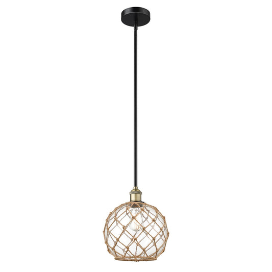 Innovations Farmhouse Rope 10in 1-Light Mini Pendant | Industrial Black Antique Brass and Clear Glass | Kitchen Island & | Model 616-1S-BAB-G122-10RB