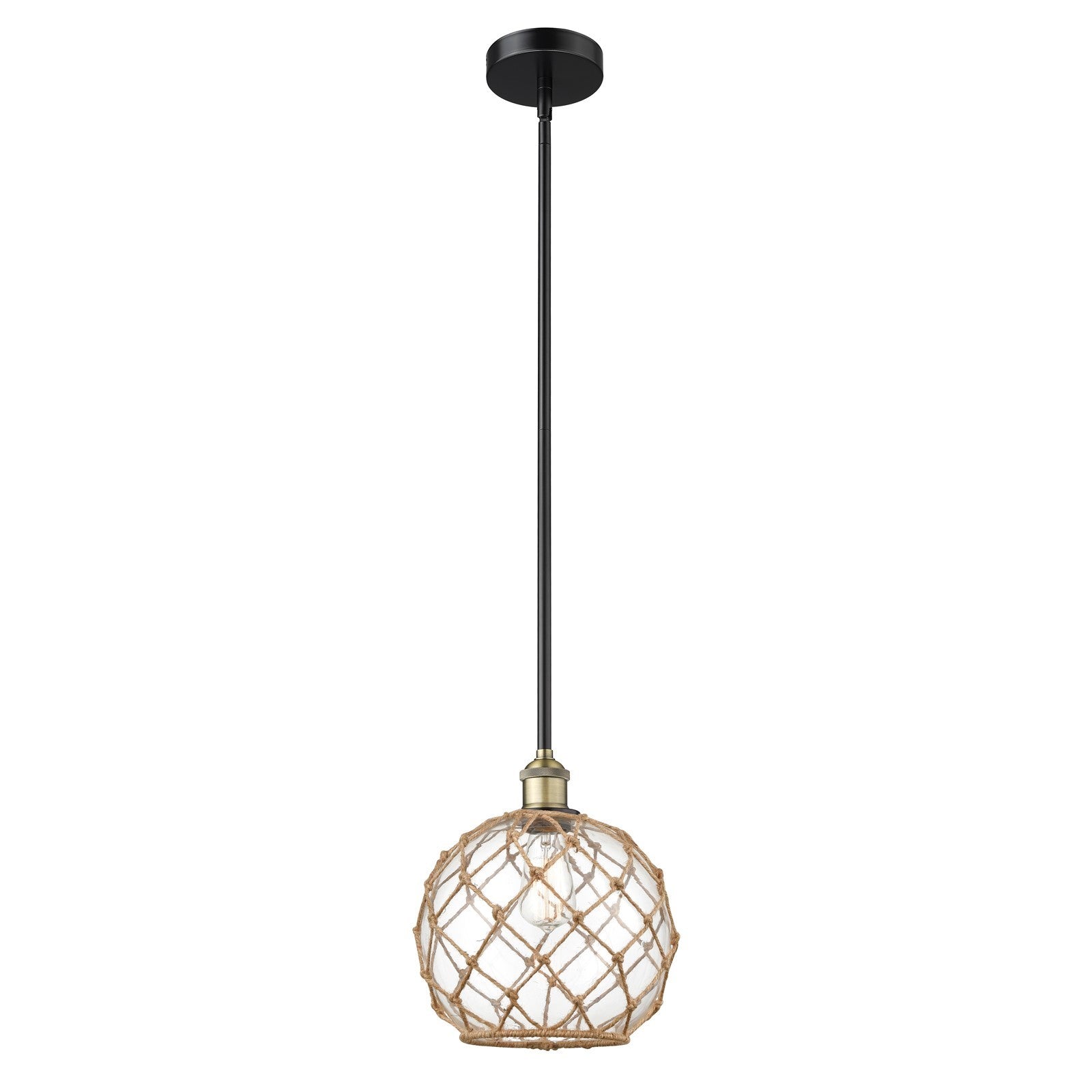 Innovations Farmhouse Rope 10in 1-Light Mini Pendant | Industrial Black Antique Brass and Clear Glass | Kitchen Island & | Model 616-1S-BAB-G122-10RB