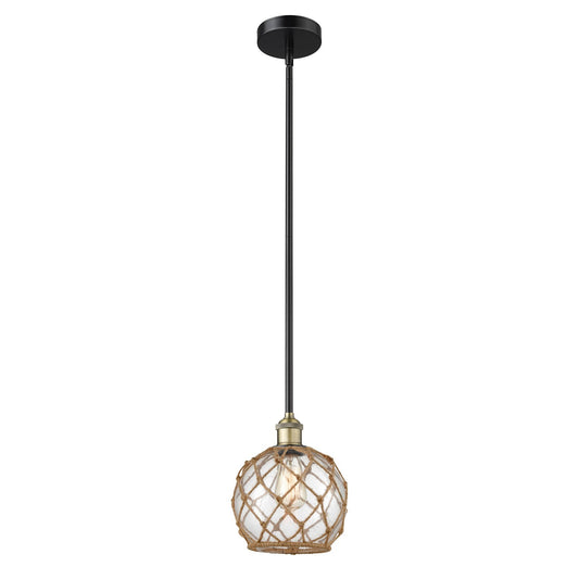 Innovations Farmhouse Rope 8in 1-Light Mini Pendant | Industrial Black Antique Brass and Clear Glass with Brown Rope | Kitchen | Model 616-1S-BAB-G122-8RB