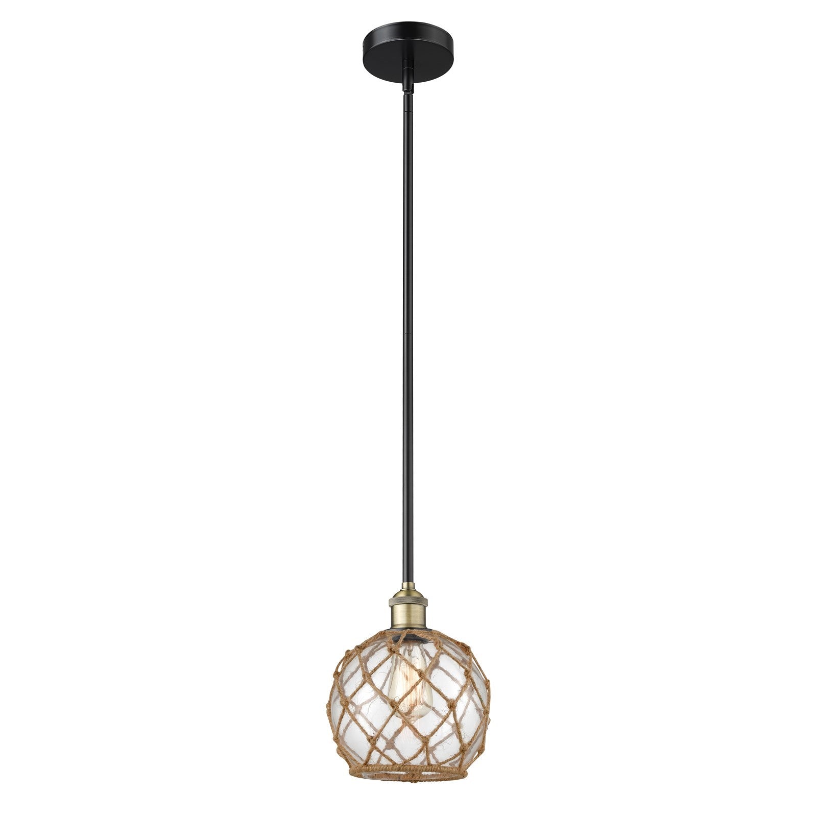 Innovations Farmhouse Rope 8in 1-Light Mini Pendant | Industrial Black Antique Brass and Clear Glass with Brown Rope | Kitchen | Model 616-1S-BAB-G122-8RB