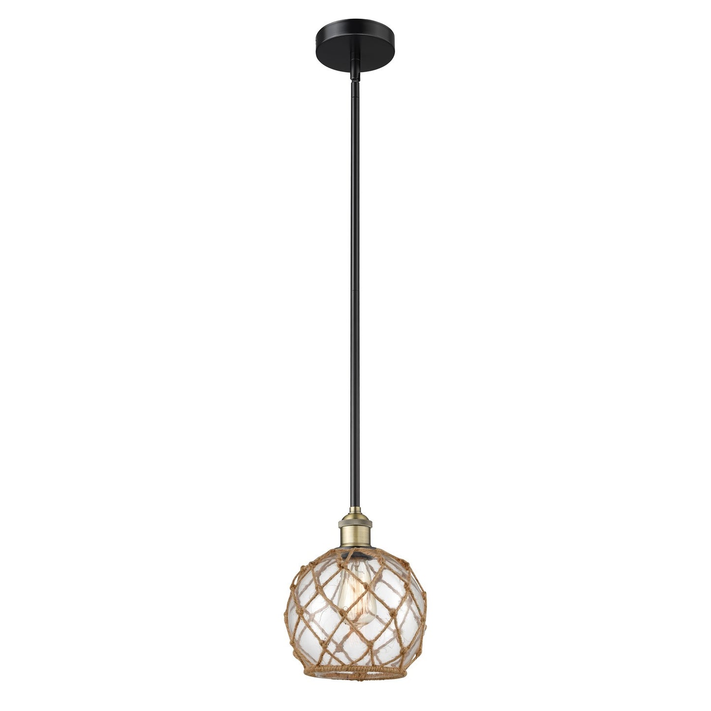 Innovations Farmhouse Rope 8in 1-Light Mini Pendant | Industrial Black Antique Brass and Clear Glass with Brown Rope | Kitchen | Model 616-1S-BAB-G122-8RB