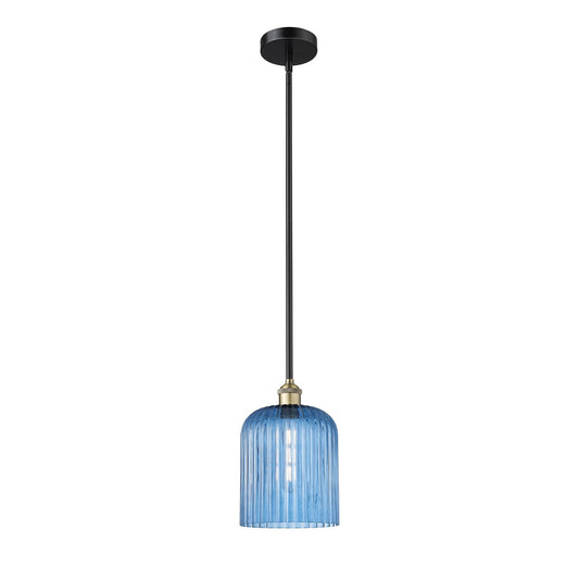 Innovations Bridal Veil 5in 1-Light Mini Pendant | Art Nouveau Industrial Black Antique Brass and Princess Blue Ribbed Glass | Model 616-1S-BAB-G559-8BL