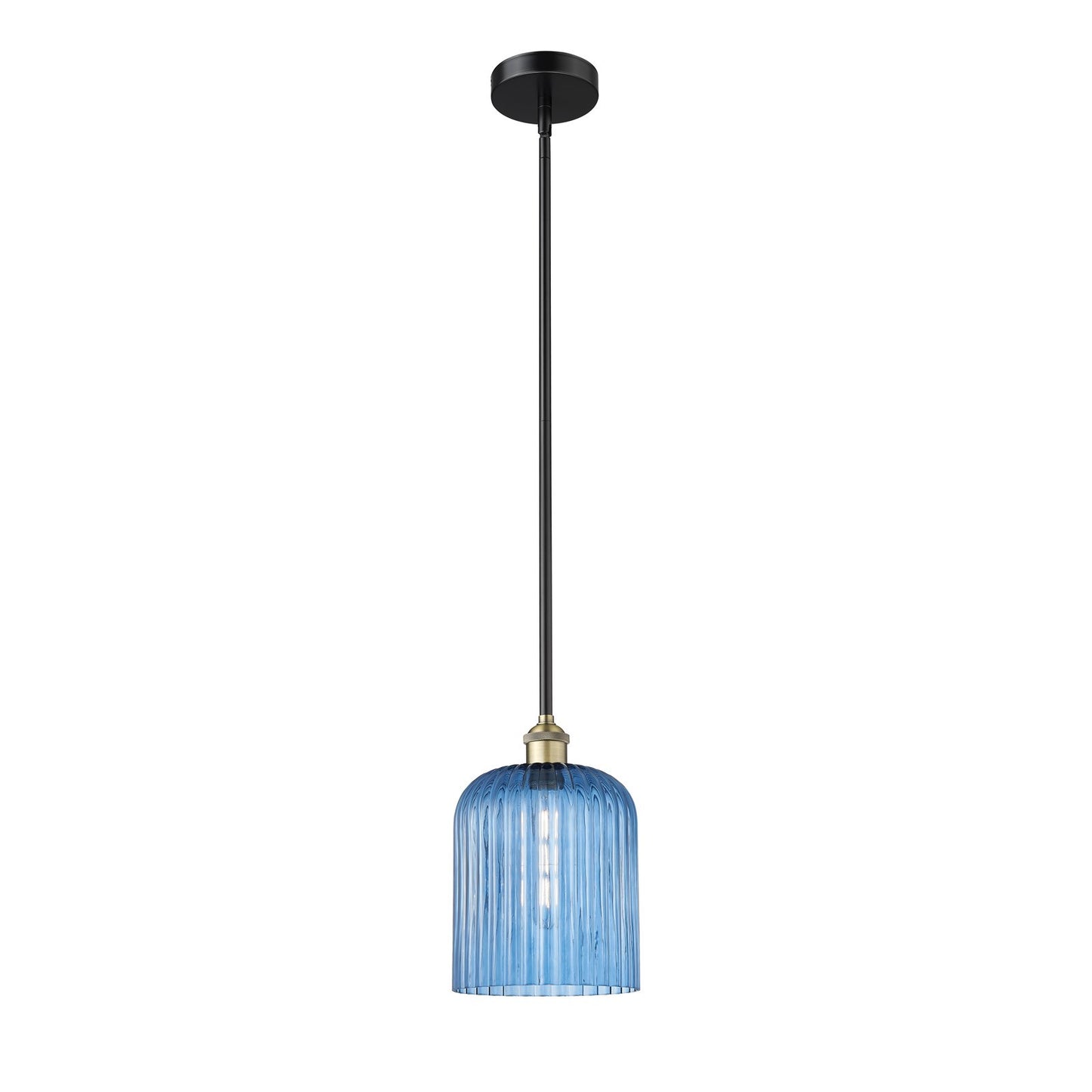 Innovations Bridal Veil 5in 1-Light Mini Pendant | Art Nouveau Industrial Black Antique Brass and Princess Blue Ribbed Glass | Model 616-1S-BAB-G559-8BL