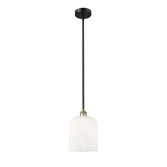 Innovations Bridal Veil 5in 1-Light Mini Pendant | Industrial Black Antique Brass and Gloss White Ribbed Glass | Kitchen | Model 616-1S-BAB-G559-8GWH