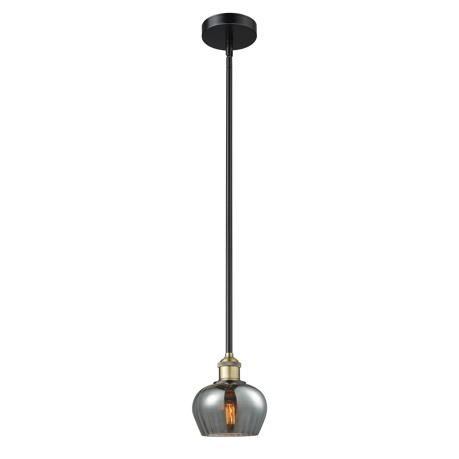 Innovations Fenton 7in 1-Light Mini Pendant | Industrial Black Antique Brass Steel and Light Smoke Ribbed Glass | Kitchen Island & | Model 616-1S-BAB-G93