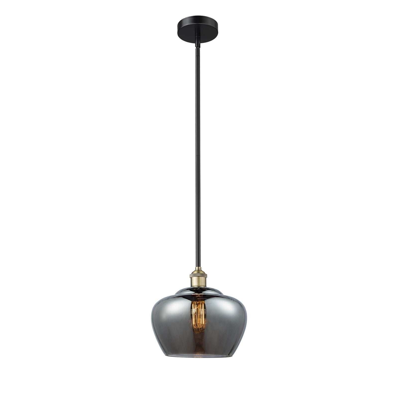 Innovations Fenton 11in 1-Light Mini Pendant | Industrial Black Antique Brass Steel and Light Smoke Ribbed Glass | Kitchen Island | Model 616-1S-BAB-G93-L