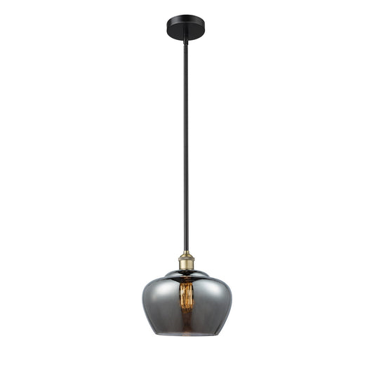 Innovations Fenton 11in 1-Light Mini Pendant | Industrial Black Antique Brass Steel and Light Smoke Ribbed Glass | Kitchen Island | Model 616-1S-BAB-G93-L