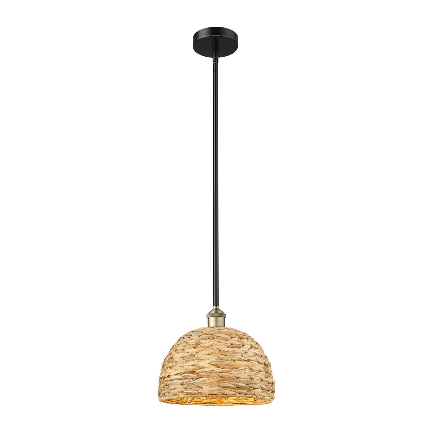 Innovations Woven Rattan 12in 1-Light Mini Pendant | Industrial Black Antique Brass and Natural Fiber | Kitchen Island & | Model 616-1S-BAB-RBD-12-NAT