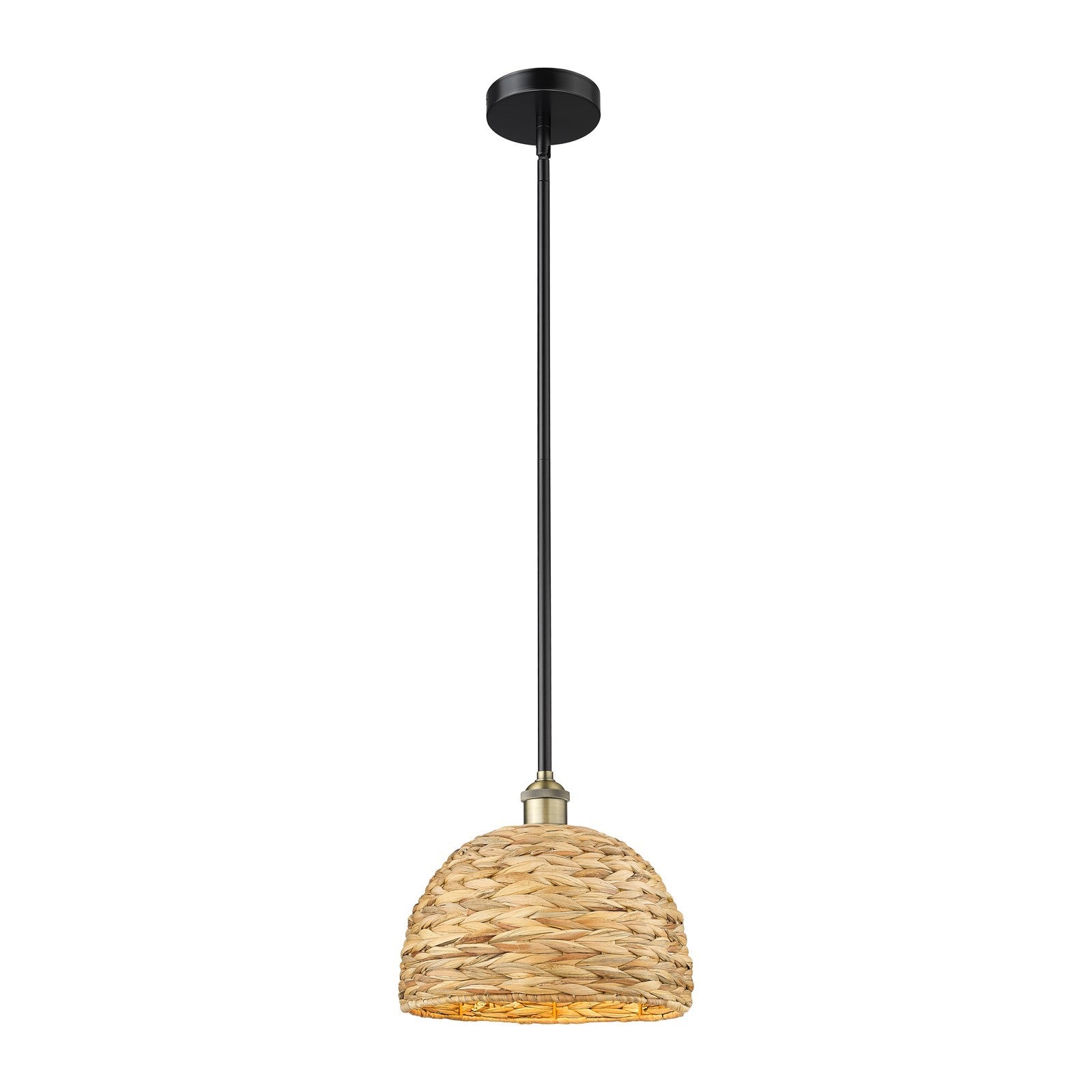 Innovations Woven Rattan 12in 1-Light Mini Pendant | Industrial Black Antique Brass and Natural Fiber | Kitchen Island & | Model 616-1S-BAB-RBD-12-NAT
