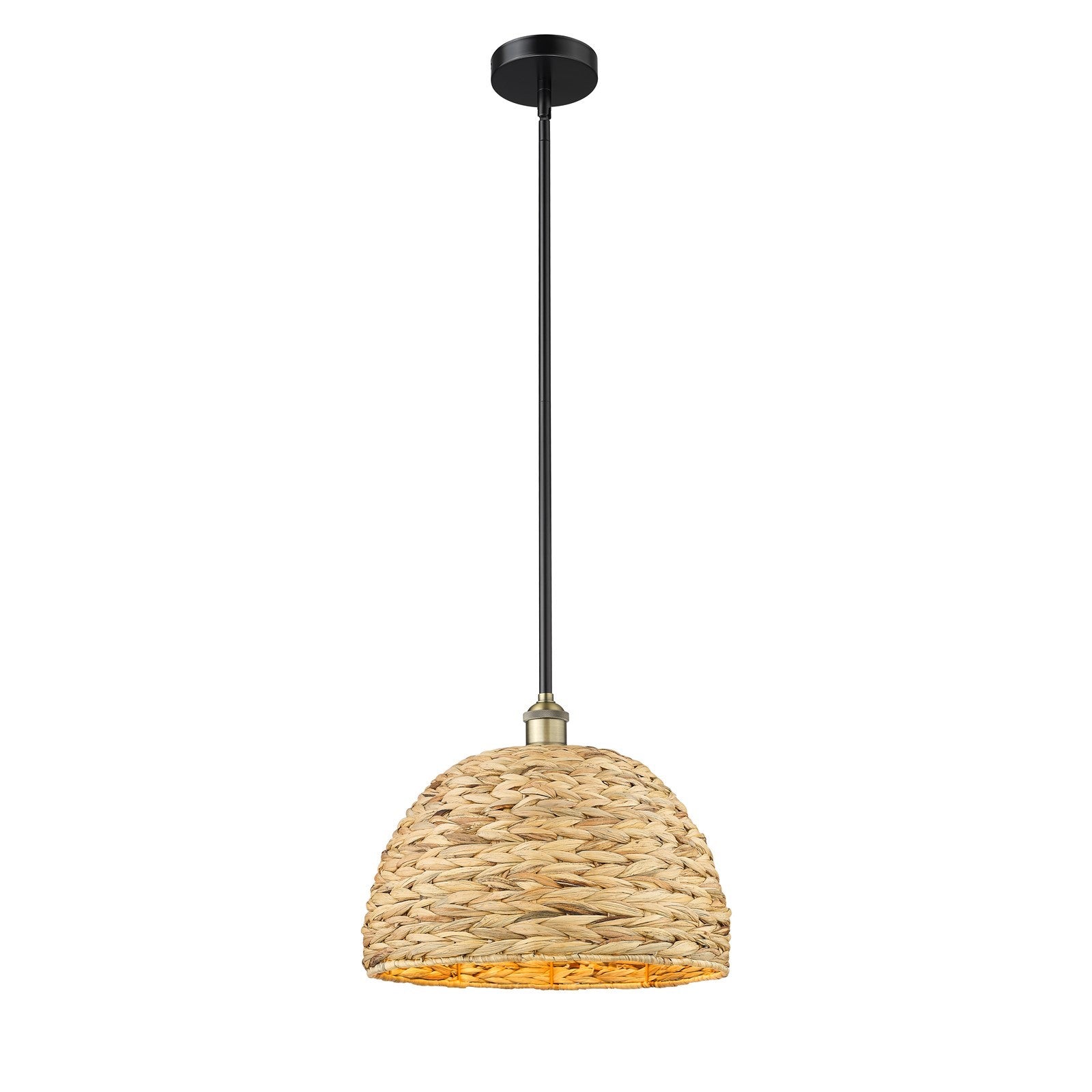 Innovations Woven Rattan 16in 1-Light Mini Pendant | Industrial Black Antique Brass and Natural Fiber Dome Shade | Kitchen | Model 616-1S-BAB-RBD-16-NAT