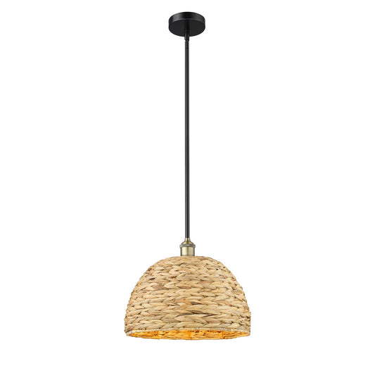 Innovations Woven Rattan 16in 1-Light Mini Pendant | Industrial Black Antique Brass and Natural Fiber Dome Shade | Kitchen | Model 616-1S-BAB-RBD-16-NAT