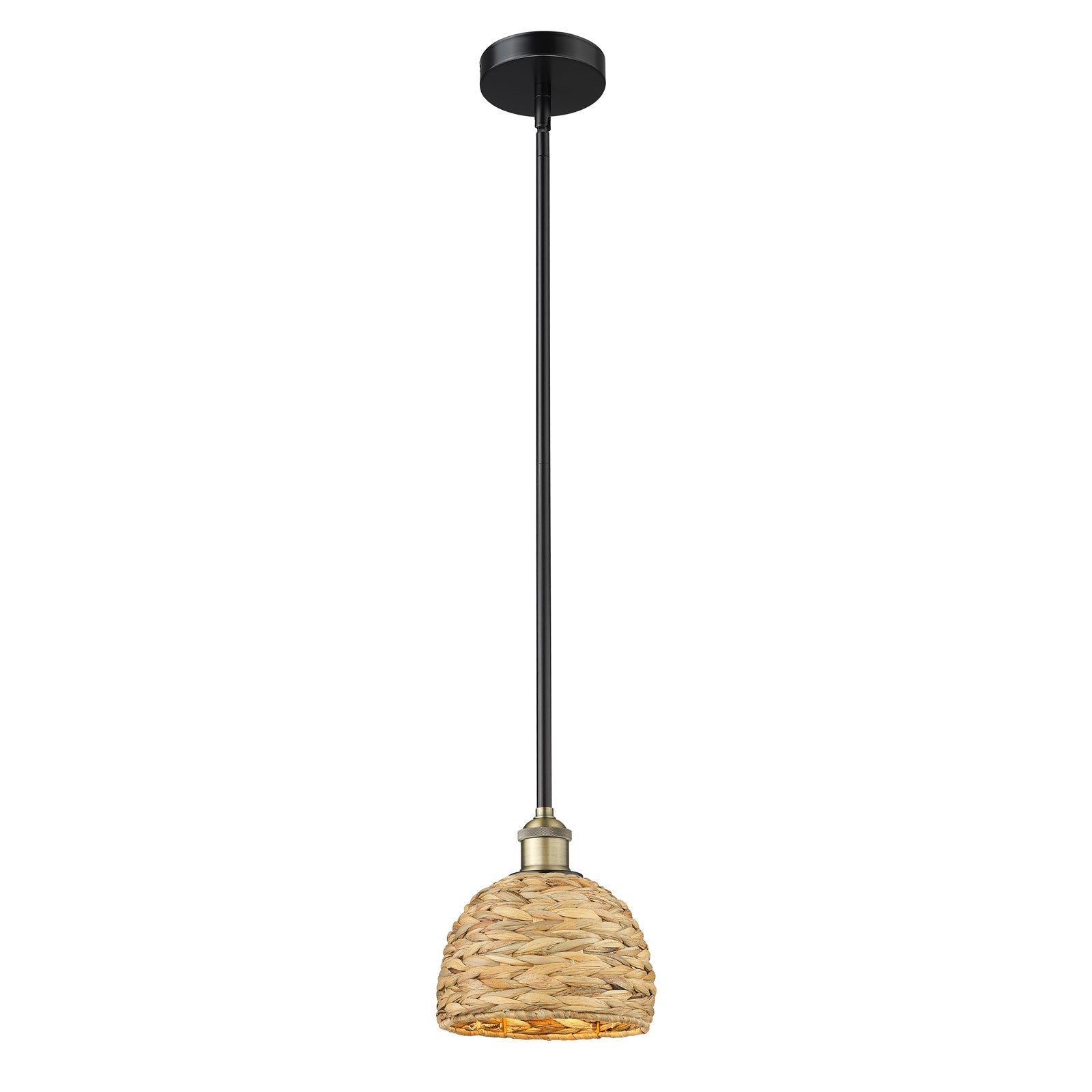 Innovations Woven Rattan 8in 1-Light Mini Pendant | Rustic Black Antique Brass and Natural Woven Rattan | Kitchen Island & | Model 616-1S-BAB-RBD-8-NAT