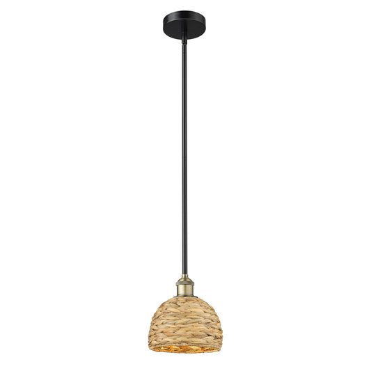 Innovations Woven Rattan 8in 1-Light Mini Pendant | Rustic Black Antique Brass and Natural Woven Rattan | Kitchen Island & | Model 616-1S-BAB-RBD-8-NAT