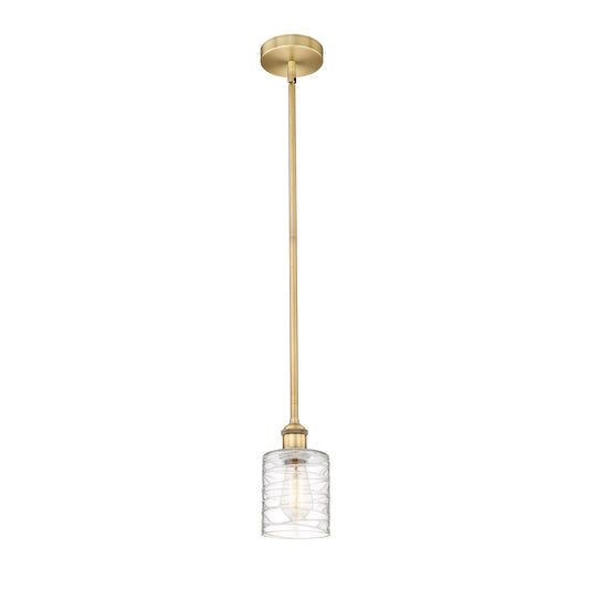 Innovations Cobbleskill 5in 1-Light Mini Pendant | Industrial Brushed Brass Steel and Clear Deco Swirl Glass | Kitchen Island & | Model 616-1S-BB-G1113