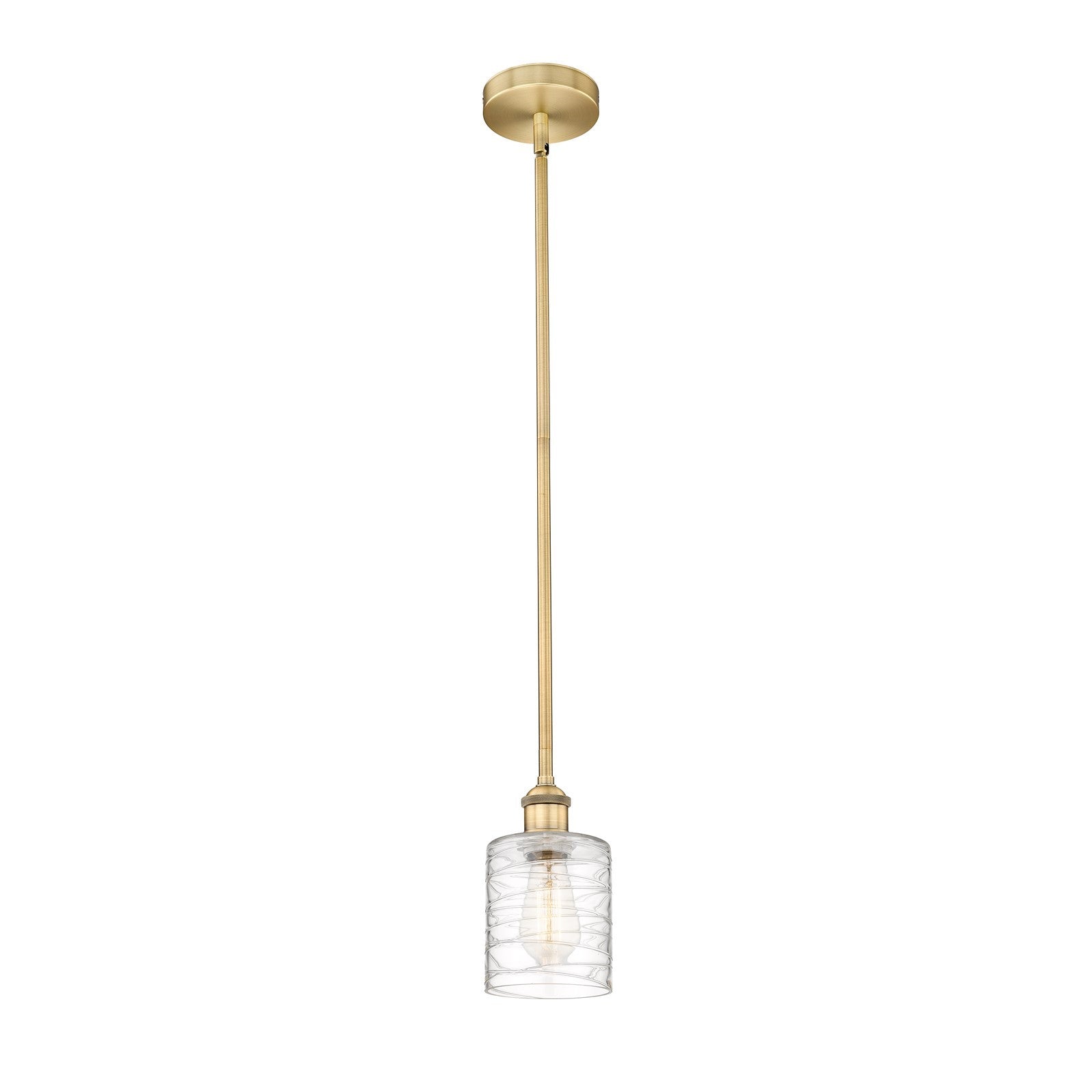 Innovations Cobbleskill 5in 1-Light Mini Pendant | Industrial Brushed Brass Steel and Clear Deco Swirl Glass | Kitchen Island & | Model 616-1S-BB-G1113