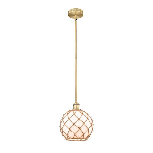 Innovations Farmhouse Rope 10in 1-Light Mini Pendant | Industrial Brushed Brass and Matte White Glass with Brown Rope | Model 616-1S-BB-G121-10RB