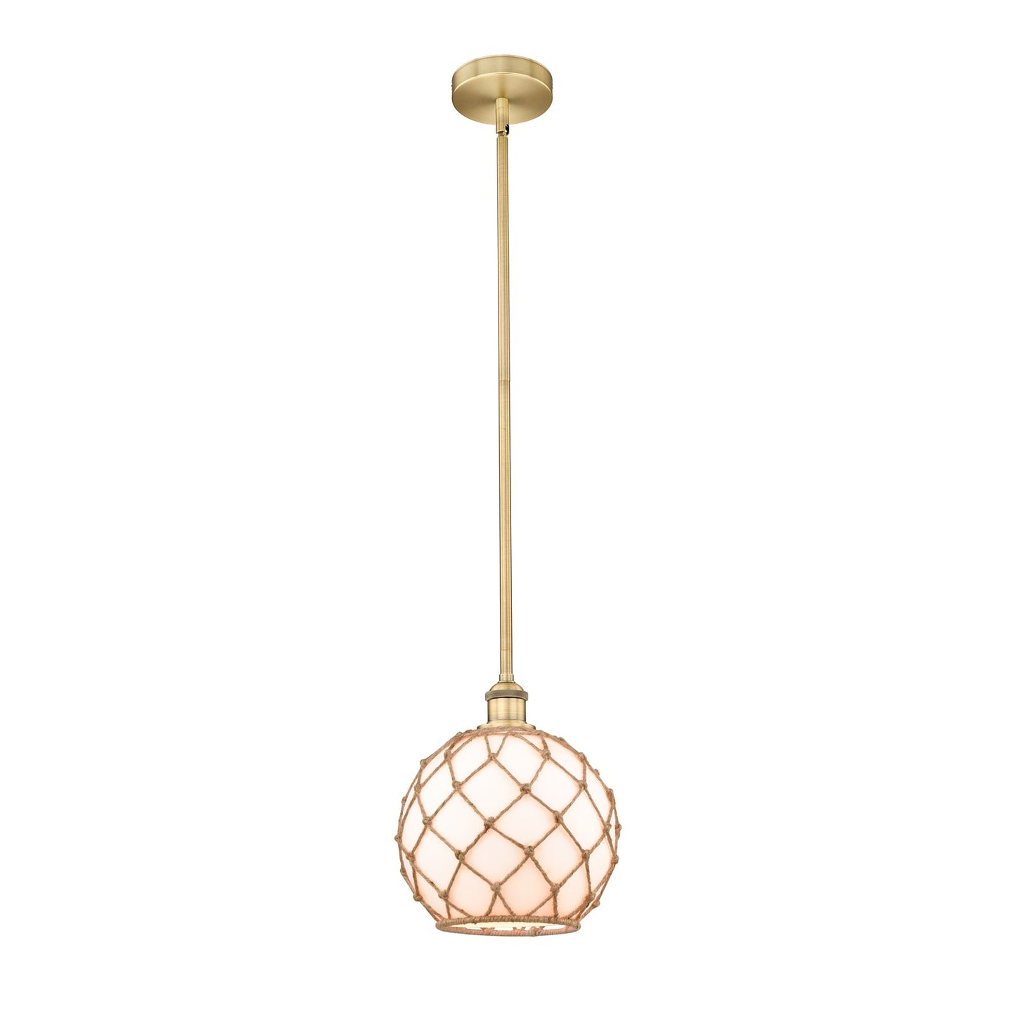 Innovations Farmhouse Rope 10in 1-Light Mini Pendant | Industrial Brushed Brass Steel and White Glass with Brown Rope | Model 616-1S-BB-G121-10RB-LED