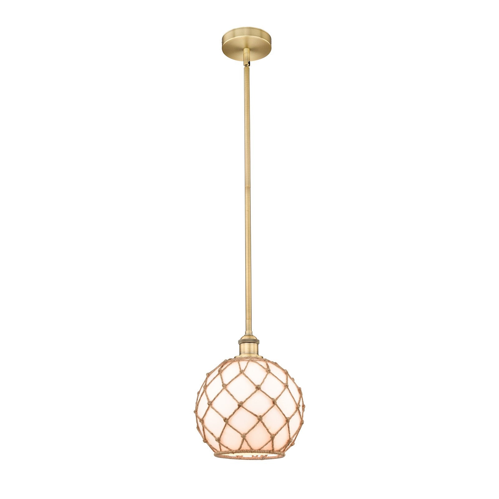 Innovations Farmhouse Rope 10in 1-Light Mini Pendant | Industrial Brushed Brass Steel and White Glass with Brown Rope | Model 616-1S-BB-G121-10RB-LED