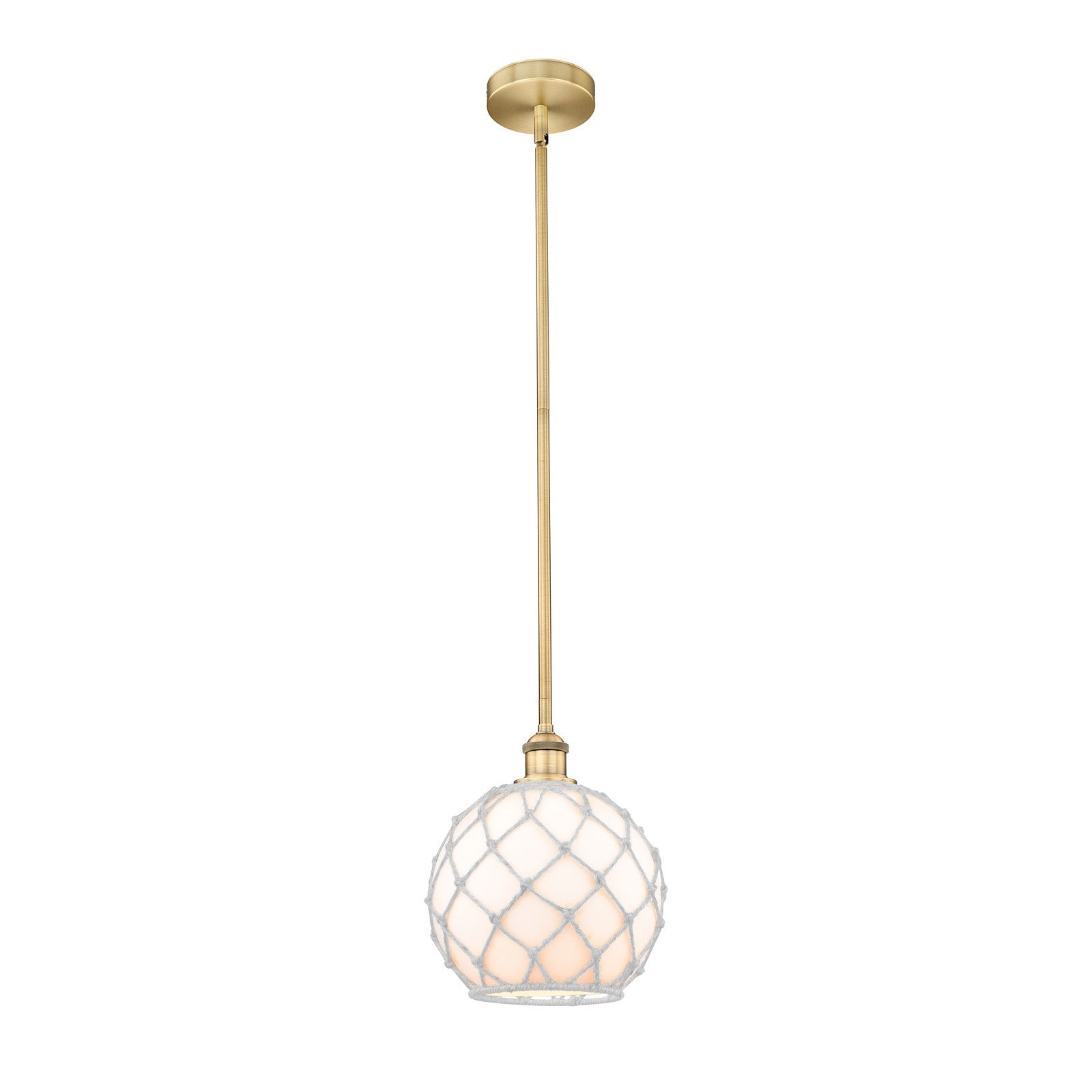 Innovations Farmhouse Rope 10in 1-Light Mini Pendant | Industrial Brushed Brass Steel and White Glass with Rope | Kitchen | Model 616-1S-BB-G121-10RW-LED