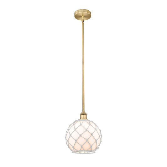 Innovations Farmhouse Rope 10in 1-Light Mini Pendant | Industrial Brushed Brass Steel and White Glass with Rope | Kitchen | Model 616-1S-BB-G121-10RW-LED