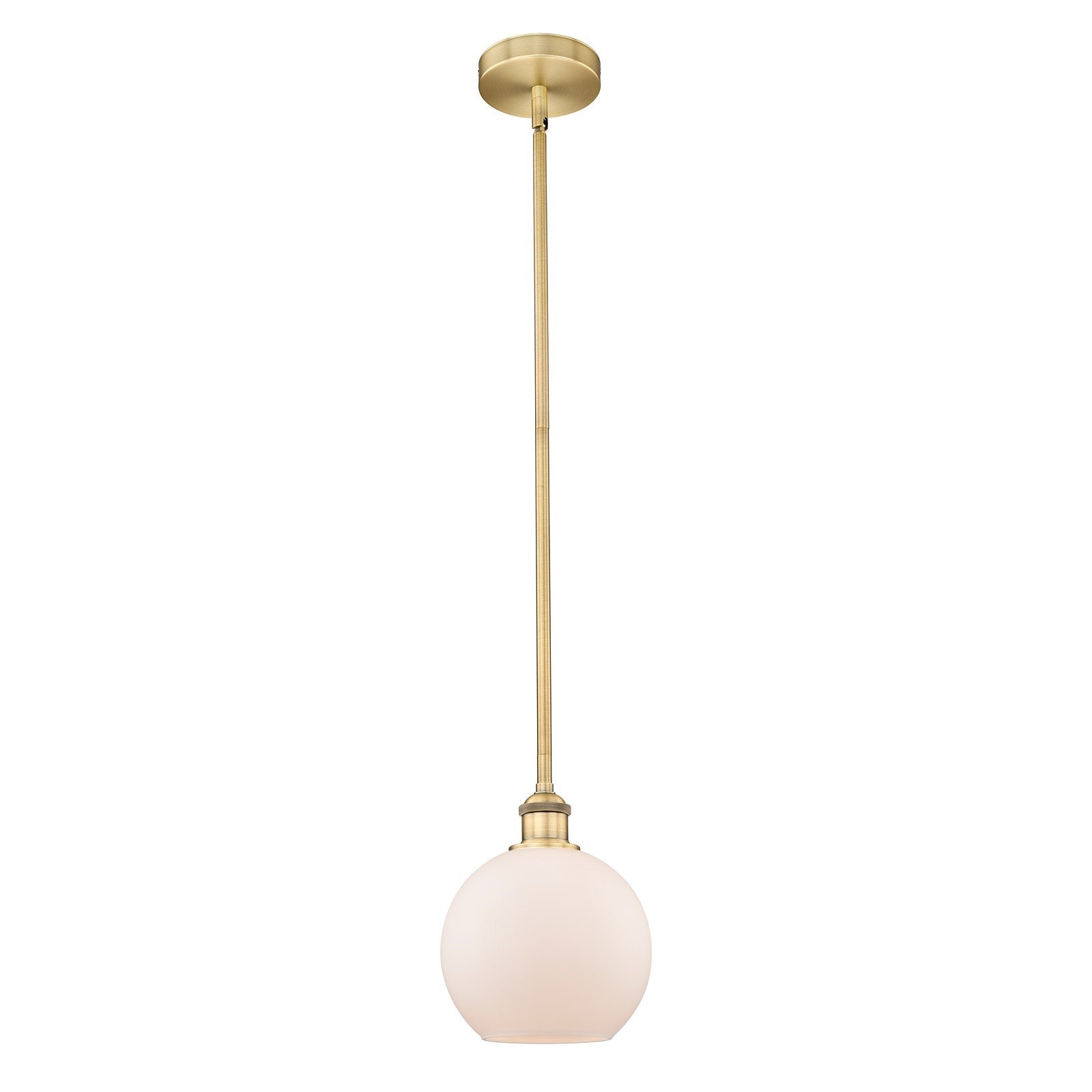 Innovations Athens 8in 1-Light Mini Pendant | Industrial Brushed Brass Steel and Matte White Frosted Glass | Kitchen Island & | Model 616-1S-BB-G121-8-LED