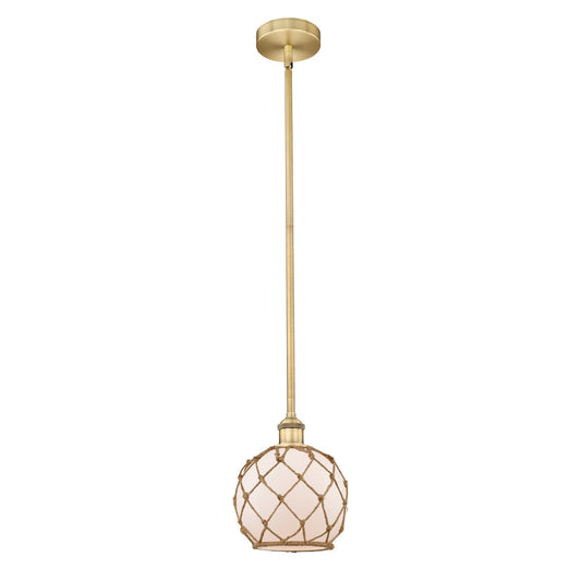 Innovations Farmhouse Rope 8in 1-Light Mini Pendant | Industrial Brushed Brass and White Glass with Brown Rope | Kitchen | Model 616-1S-BB-G121-8RB-LED
