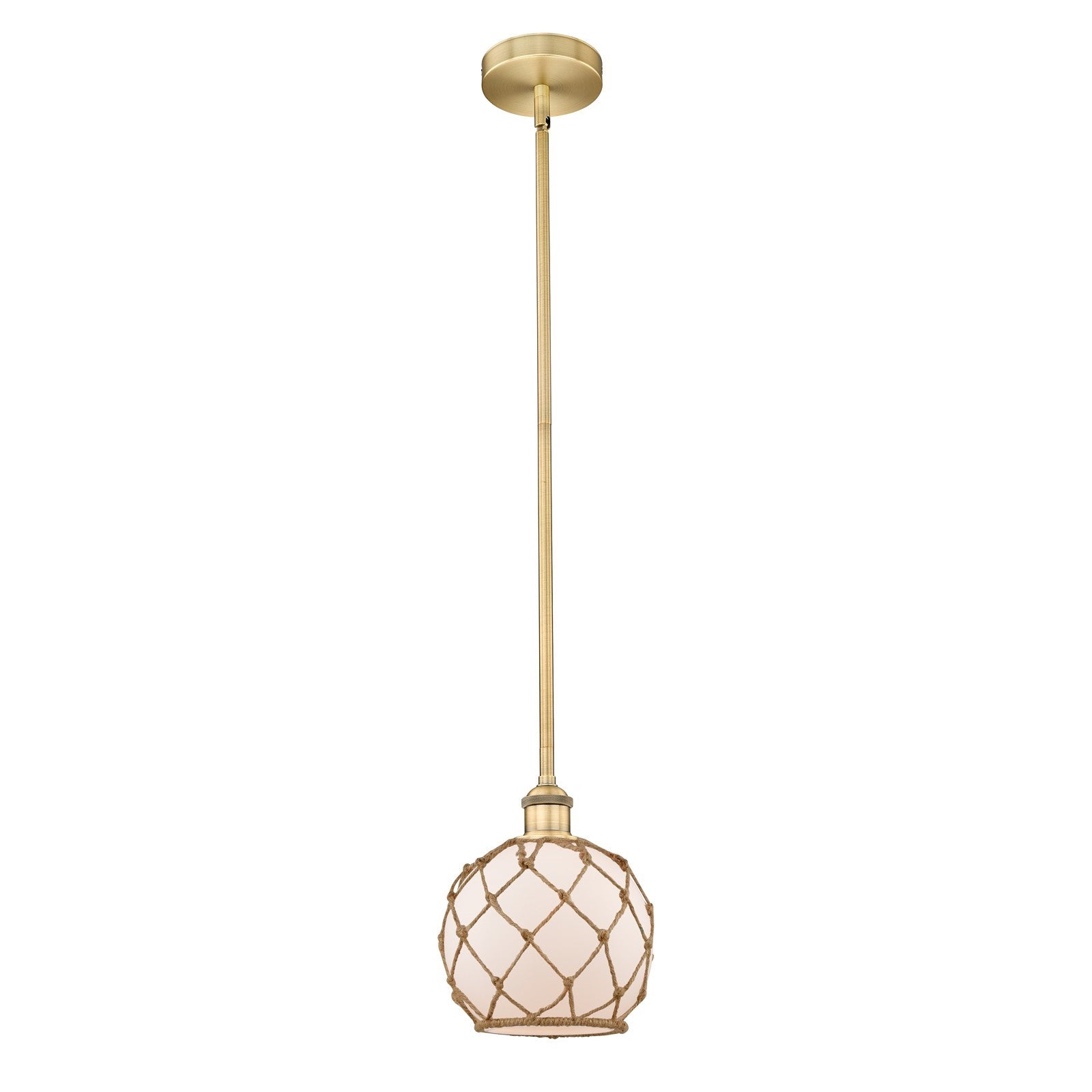 Innovations Farmhouse Rope 8in 1-Light Mini Pendant | Industrial Brushed Brass and White Glass with Brown Rope | Kitchen | Model 616-1S-BB-G121-8RB-LED