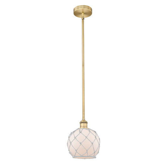 Innovations Farmhouse Rope 8in 1-Light Mini Pendant | Industrial Brushed Brass and White Frosted Glass with Rope | Kitchen | Model 616-1S-BB-G121-8RW