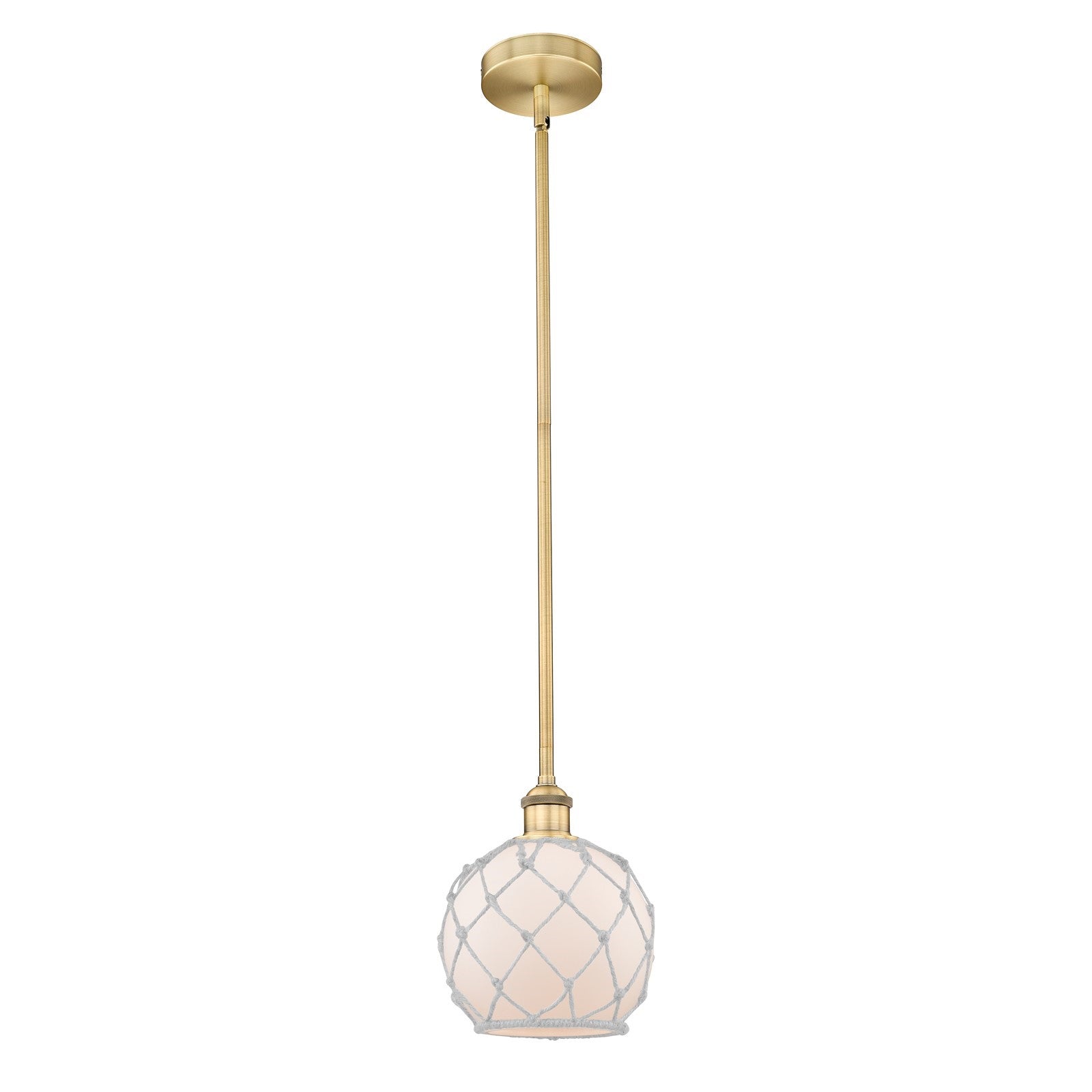 Innovations Farmhouse Rope 8in 1-Light Mini Pendant | Industrial Brushed Brass and White Frosted Glass with Rope | Kitchen | Model 616-1S-BB-G121-8RW