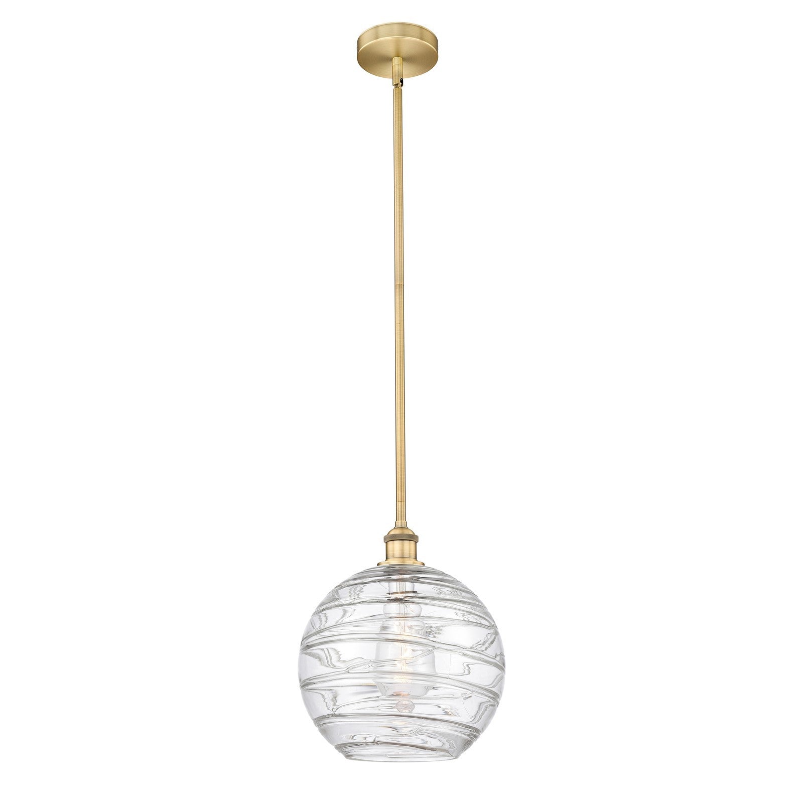 Innovations Athens Deco Swirl 12in 1-Light Mini Pendant | Industrial Brushed Brass Steel and Clear Deco Swirl Glass | Kitchen | Model 616-1S-BB-G1213-12CL