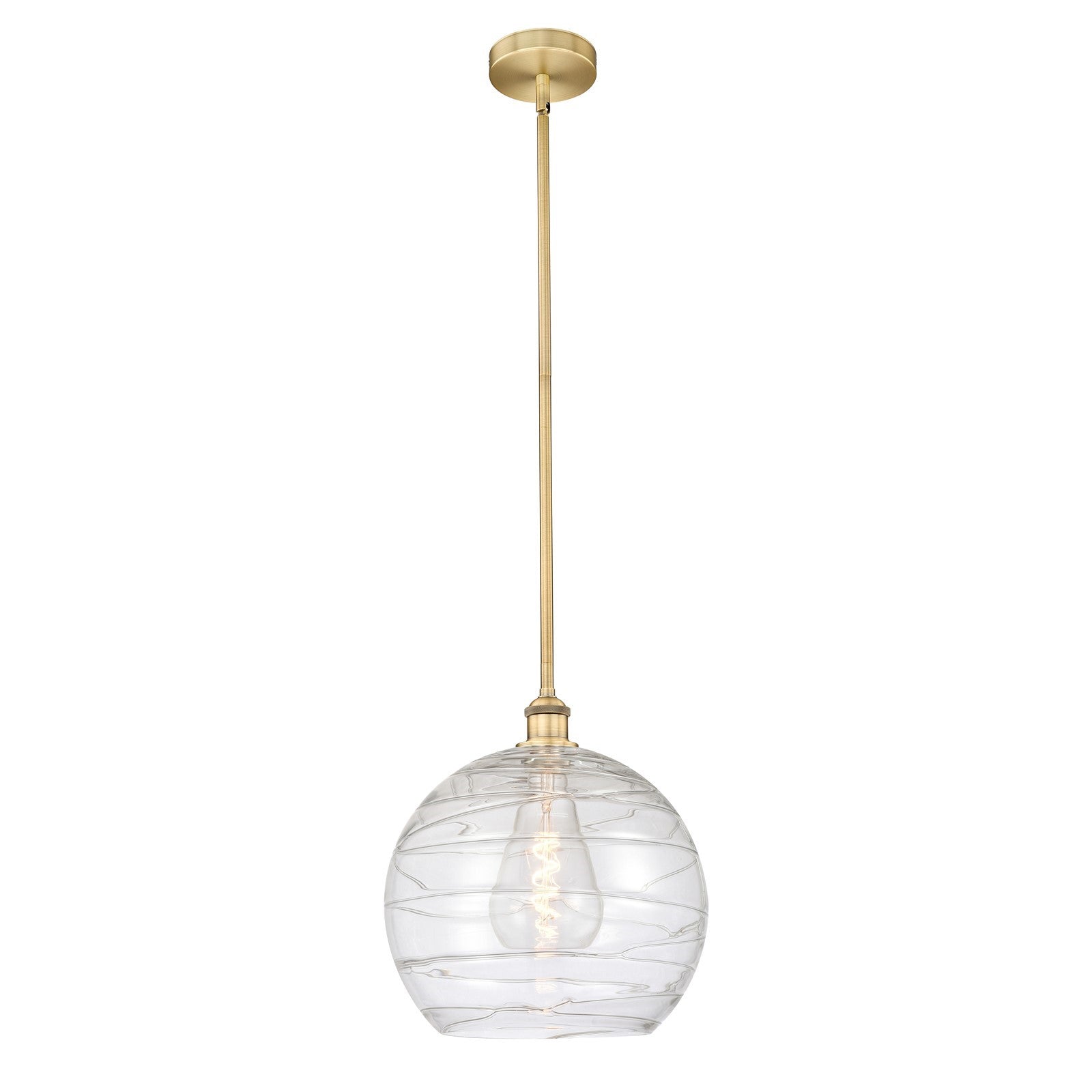 Innovations Athens Deco Swirl 14in 1-Light Mini Pendant | Industrial Brushed Brass Steel and Clear Deco Swirl Glass | Kitchen | Model 616-1S-BB-G1213-14CL