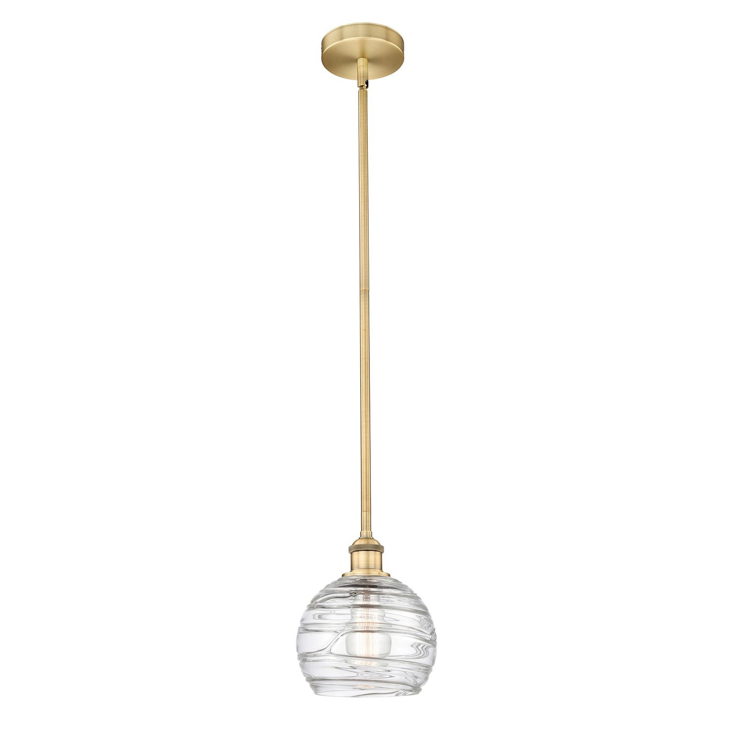 Innovations Athens Deco Swirl 8in 1-Light Mini Pendant | Industrial Brushed Brass Steel and Clear Deco Swirl Glass | Kitchen | Model 616-1S-BB-G1213-8CL