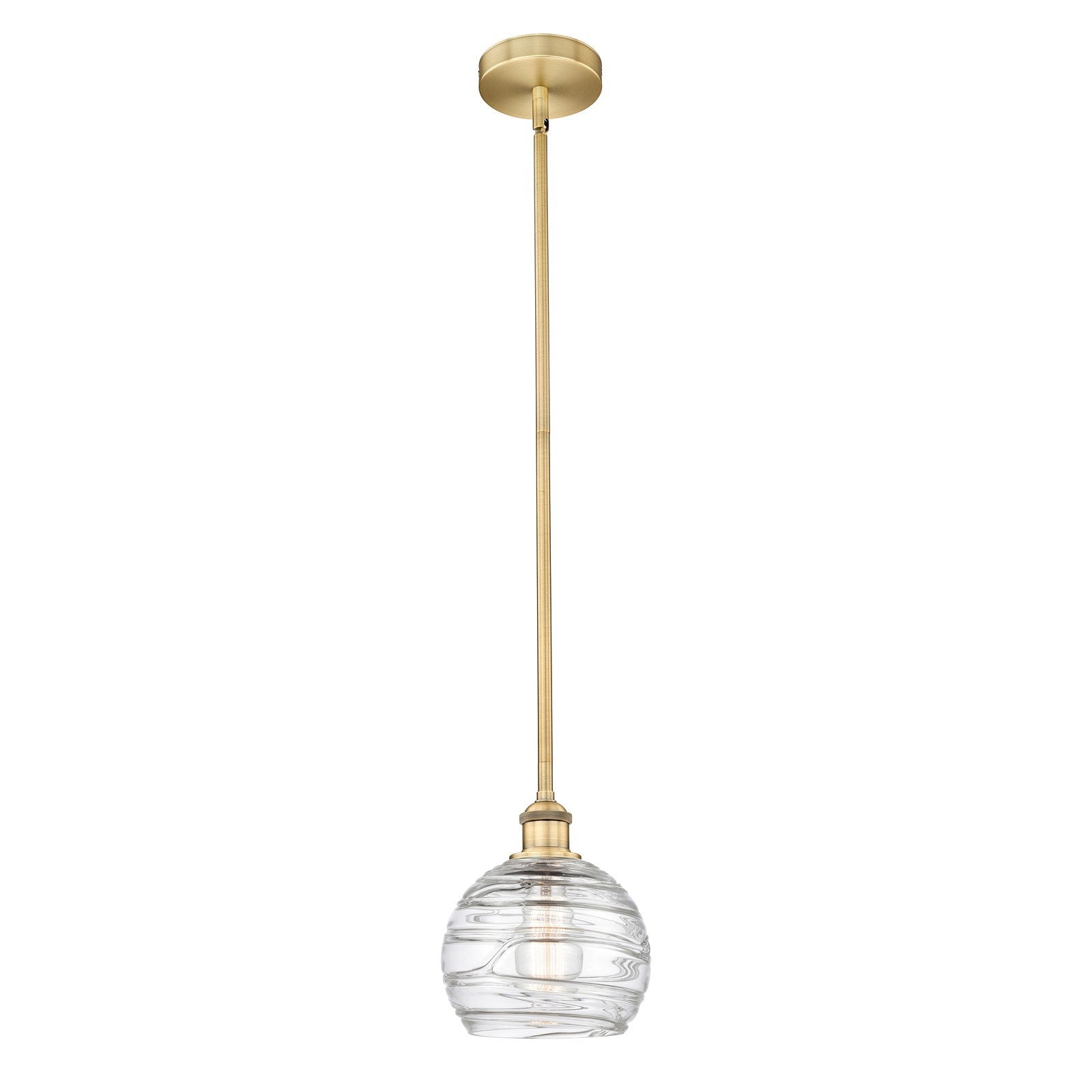 Innovations Athens Deco Swirl 8in 1-Light Mini Pendant | Industrial Brushed Brass Steel and Clear Deco Swirl Glass | Kitchen | Model 616-1S-BB-G1213-8CL