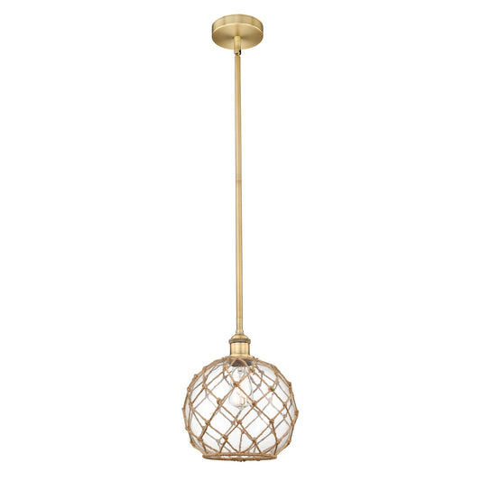 Innovations Farmhouse Rope 10in 1-Light Mini Pendant | Industrial Brushed Brass Steel and Clear Glass with Brown Rope | Model 616-1S-BB-G122-10RB