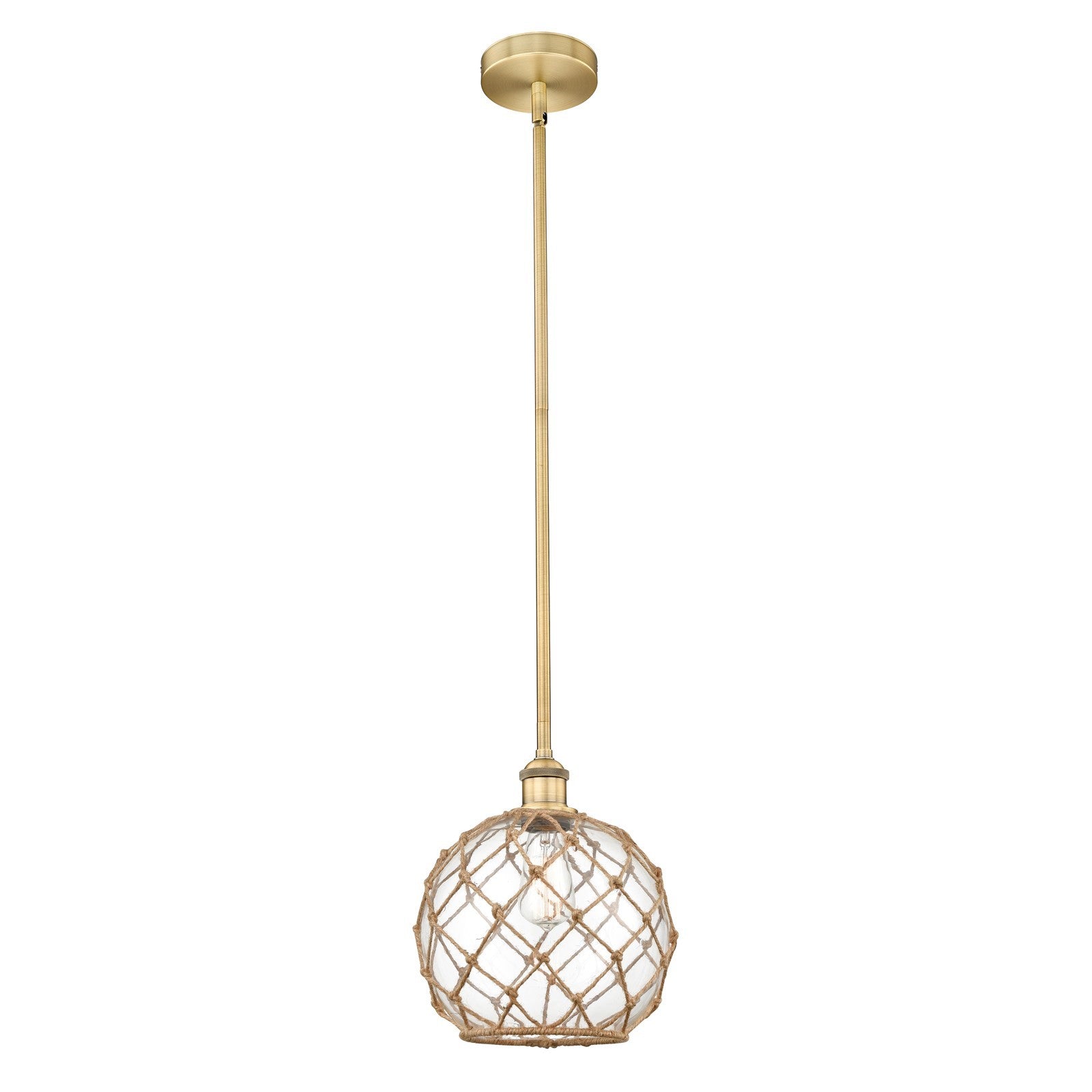 Innovations Farmhouse Rope 10in 1-Light Mini Pendant | Industrial Brushed Brass and Clear Glass with Brown Rope | Kitchen | Model 616-1S-BB-G122-10RB-LED