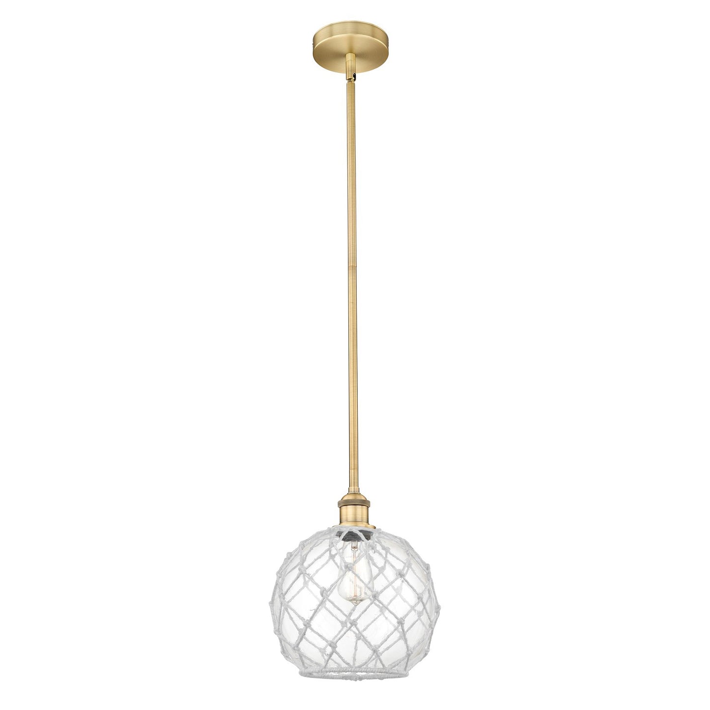 Innovations Farmhouse Rope 10in 1-Light Mini Pendant | Industrial Brushed Brass Steel and Clear Glass with White Rope | Model 616-1S-BB-G122-10RW-LED