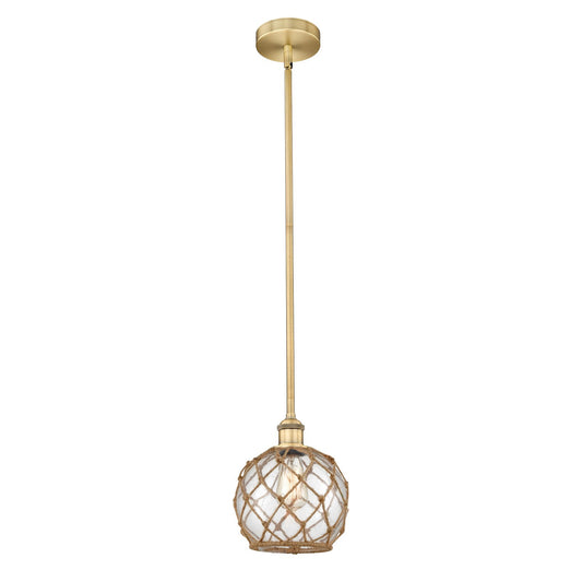 Innovations Farmhouse Rope 8in 1-Light Mini Pendant | Industrial Brushed Brass Steel and Clear Glass with Brown Rope | Model 616-1S-BB-G122-8RB-LED