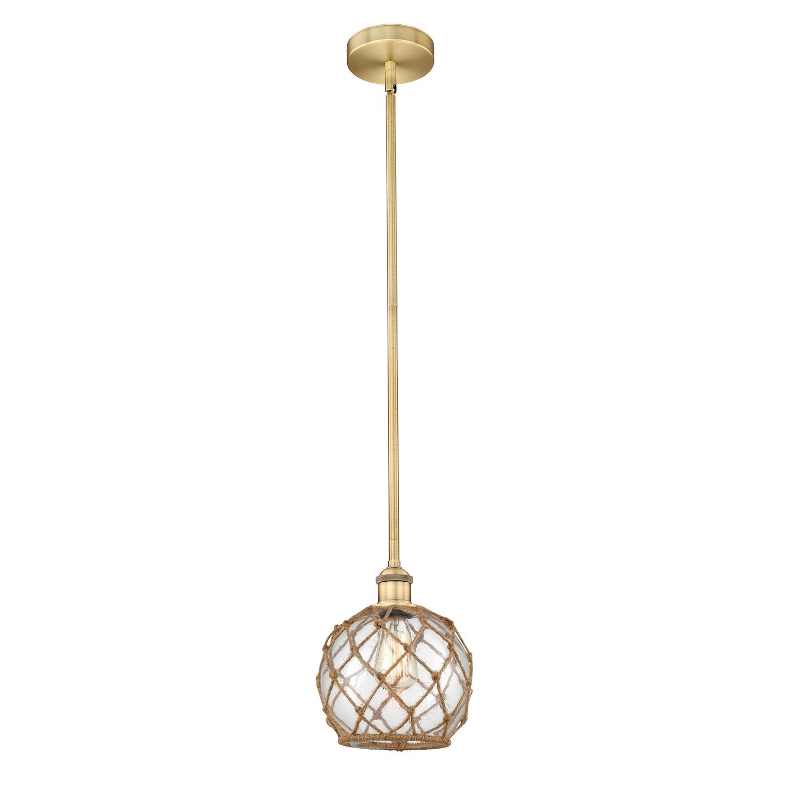 Innovations Farmhouse Rope 8in 1-Light Mini Pendant | Industrial Brushed Brass Steel and Clear Glass with Brown Rope | Model 616-1S-BB-G122-8RB-LED