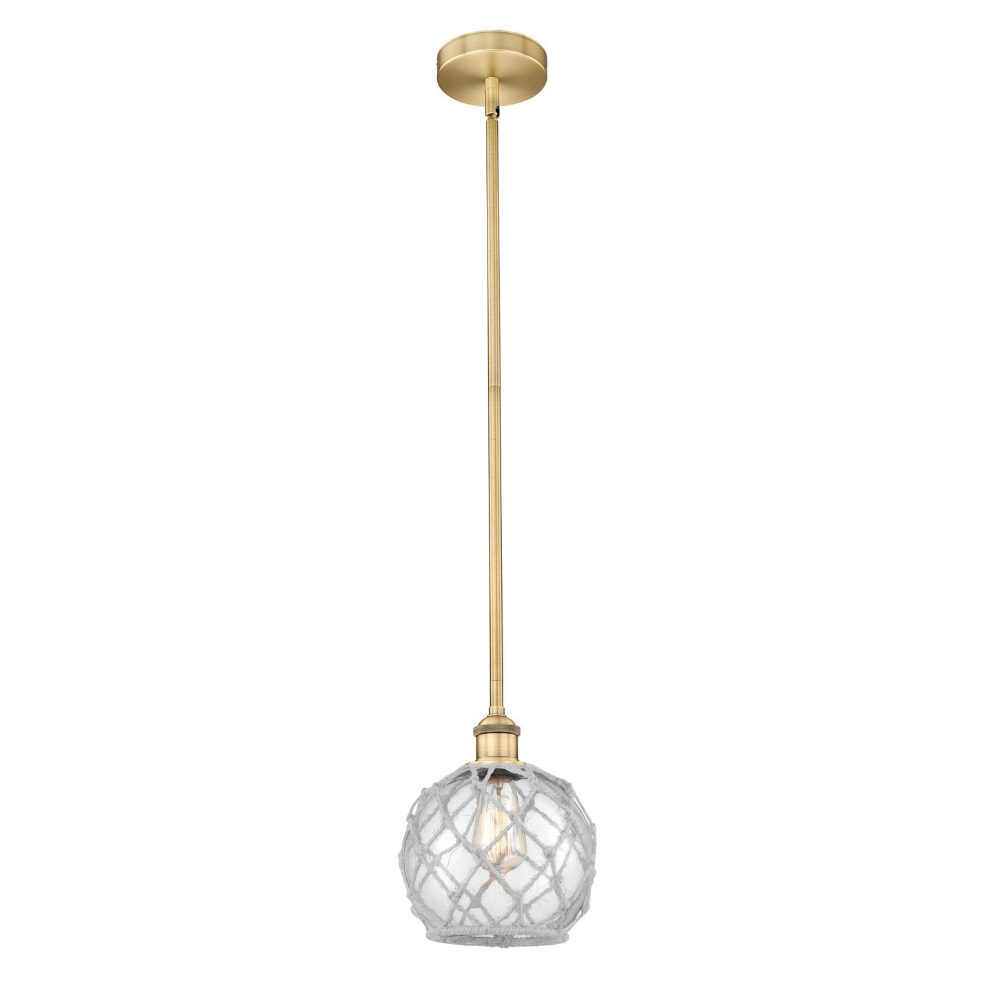 Innovations Farmhouse Rope 8in 1-Light Mini Pendant | Industrial Brushed Brass Steel and Clear Glass with White Rope | Kitchen | Model 616-1S-BB-G122-8RW