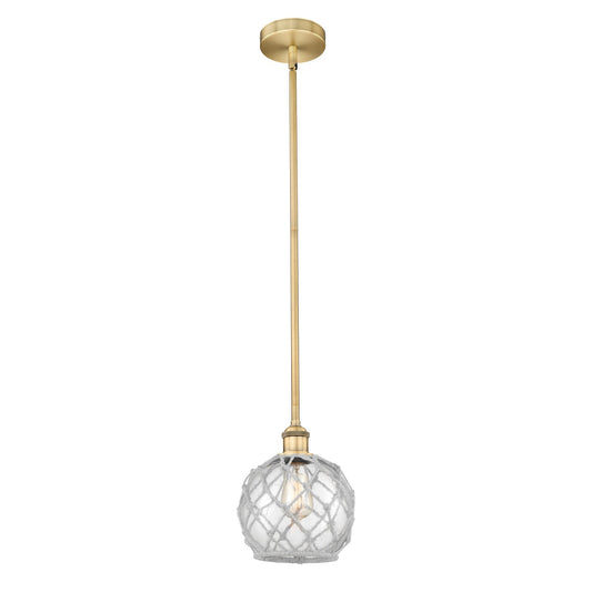 Innovations Farmhouse Rope 8in 1-Light Mini Pendant | Industrial Brushed Brass and Clear Glass with White Rope | Kitchen | Model 616-1S-BB-G122-8RW-LED