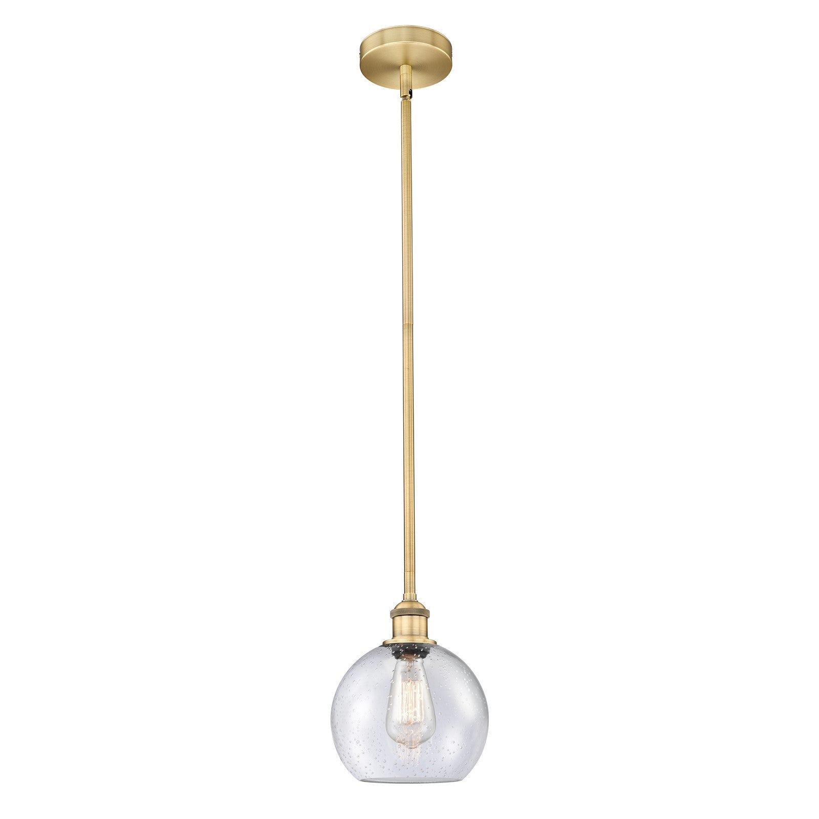 Innovations Athens 8in 1-Light Mini Pendant | Industrial Brushed Brass Steel and Seedy Glass | Kitchen Island & Dining Room | Model 616-1S-BB-G124-8