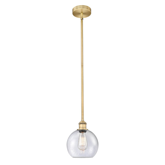 Innovations Athens 8in 1-Light Mini Pendant | Industrial Brushed Brass Steel and Seedy Glass | Kitchen Island & Dining Room | Model 616-1S-BB-G124-8-LED
