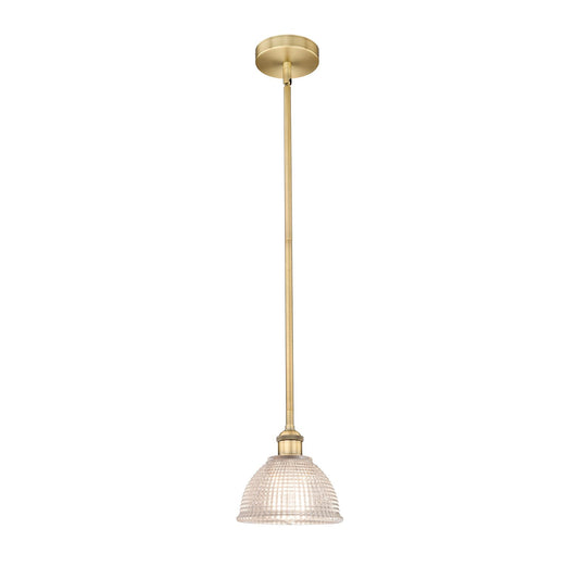 Innovations Arietta 8in 1-Light Mini Pendant | Industrial Brushed Brass Steel and Clear Glass | Kitchen Island & Dining Room | Model 616-1S-BB-G422-LED