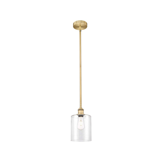 Innovations Paladin 7in 1-Light Mini Pendant | Farmhouse Brushed Brass Steel and Seedy Glass Cylinder | Kitchen Island & Dining | Model 616-1S-BB-G4424-7