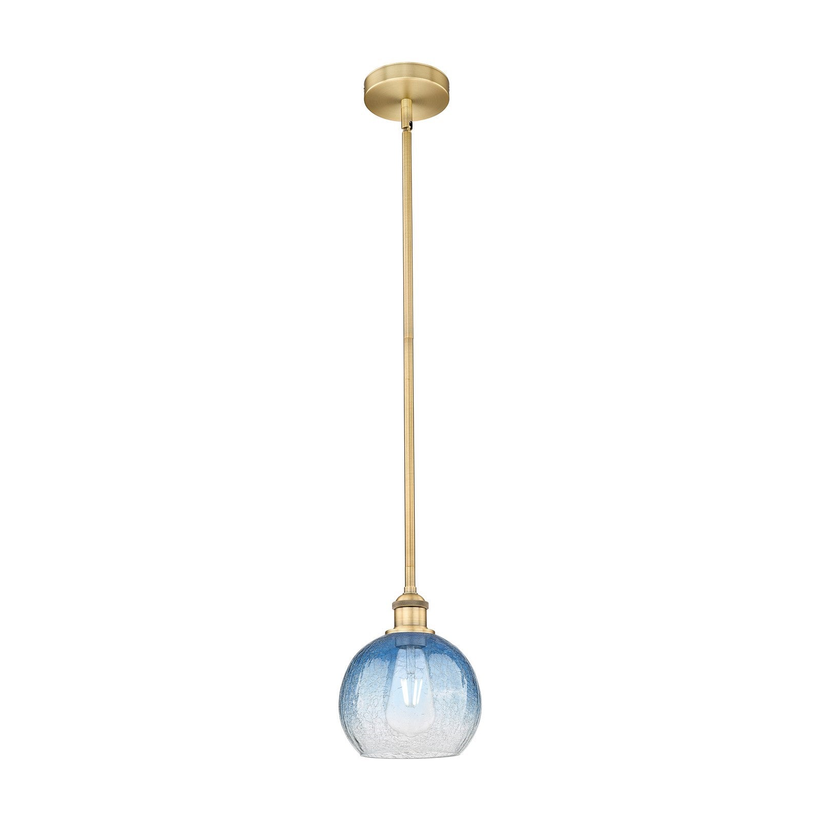 Innovations Brookhaven Globe 8in 1-Light Mini Pendant | Industrial Brushed Brass Steel and Sapphire Blue Glass | Kitchen Island | Model 616-1S-BB-G483-8SB